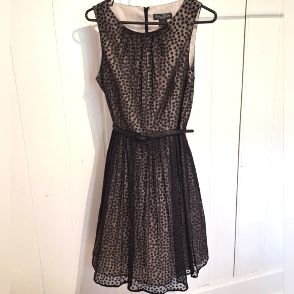 Jessica Howard Black and Beige Polka Dot Midi Dress Size 10 Very Good Condition